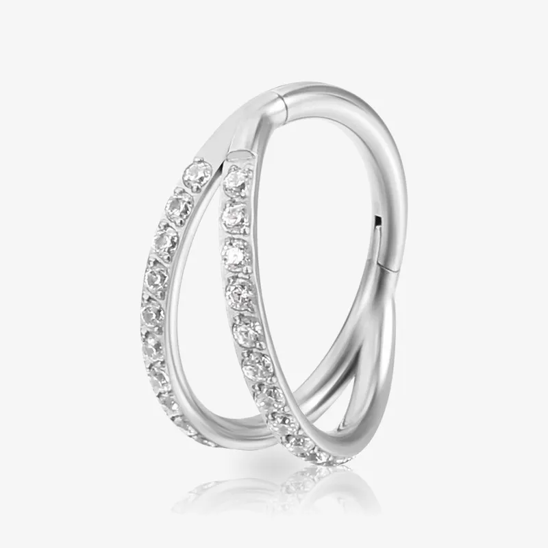 Argola clicker titânio com zircônias duplas cravejadas e acabamento brilhante