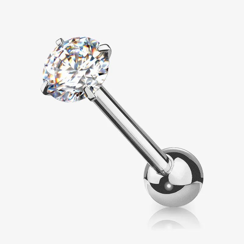 Piercing língua prateado com ponta de zircônia redonda brilhante