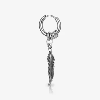 Brinco Pendente Pena Prateado com design masculino em aço cirúrgico