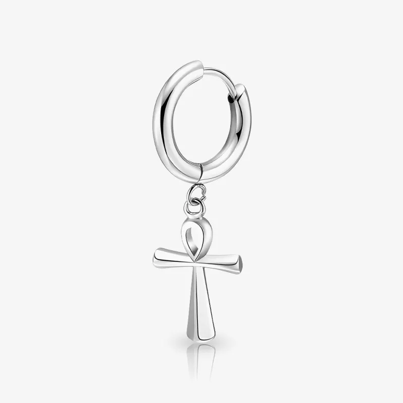 Brinco Chave da Vida em aço prateado com símbolo Ankh egípcio