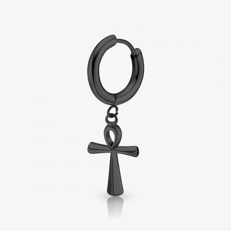 Brinco Chave da Vida em aço preto com símbolo egípcio ankh
