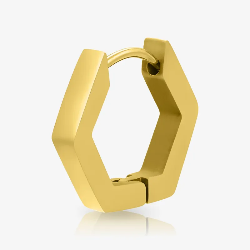Brinco Hexágono Dourado masculino em aço cirúrgico com design moderno
