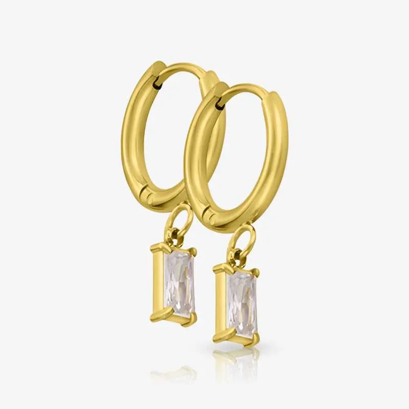 Brinco Dourado Pendente Zircônia com Design Retangular Sofisticado