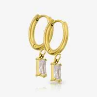 Brinco Dourado Pendente Zircônia com Design Retangular Sofisticado