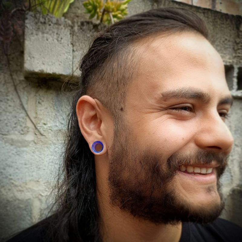 Alargador de Acrílico Azul Translúcido Flangeado Vazado