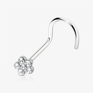 Piercing Nariz U Flor com cristais delicados em aço cirúrgico prateado