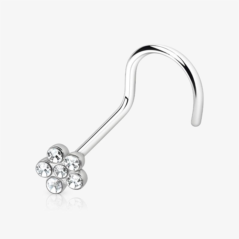 Piercing Nariz U Flor com cristais delicados em aço cirúrgico prateado