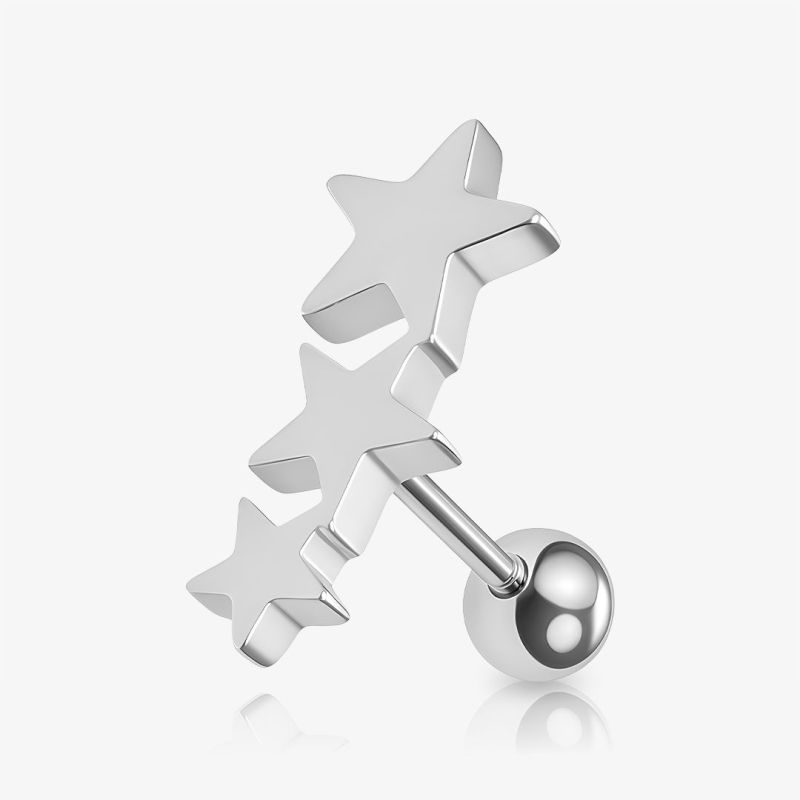Piercing de cartilagem com três estrelas em aço prateado
