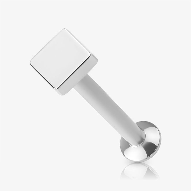 Piercing Labret Quadrado em aço cirúrgico prateado com base reta