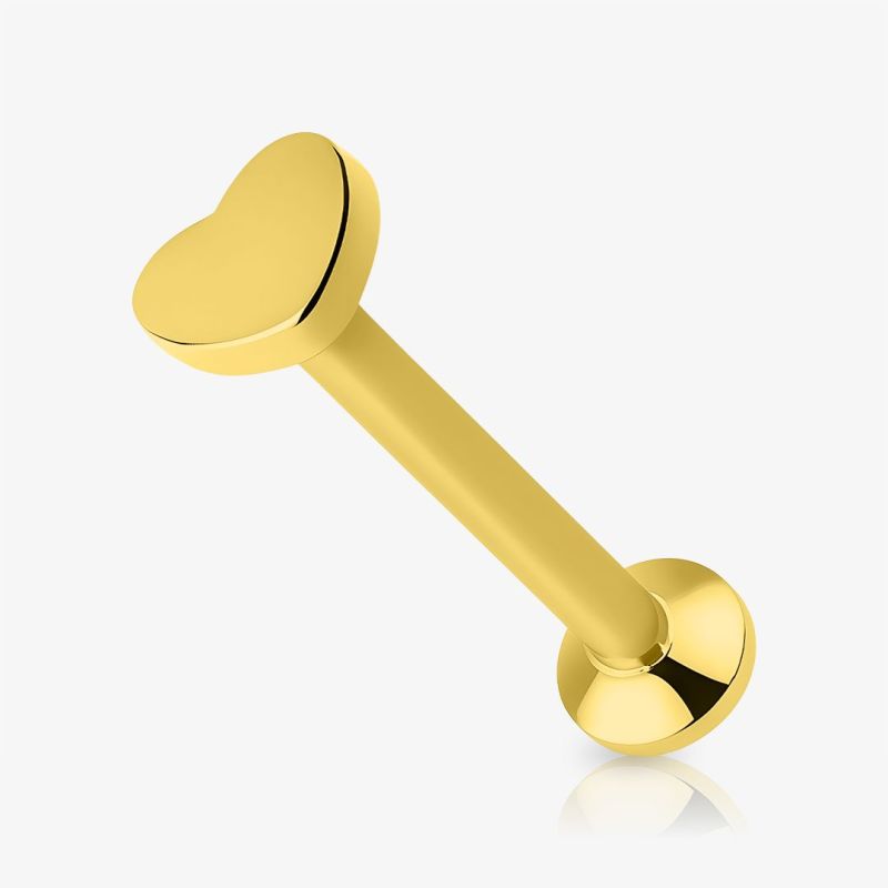 Piercing labret coração dourado em aço cirúrgico com design delicado