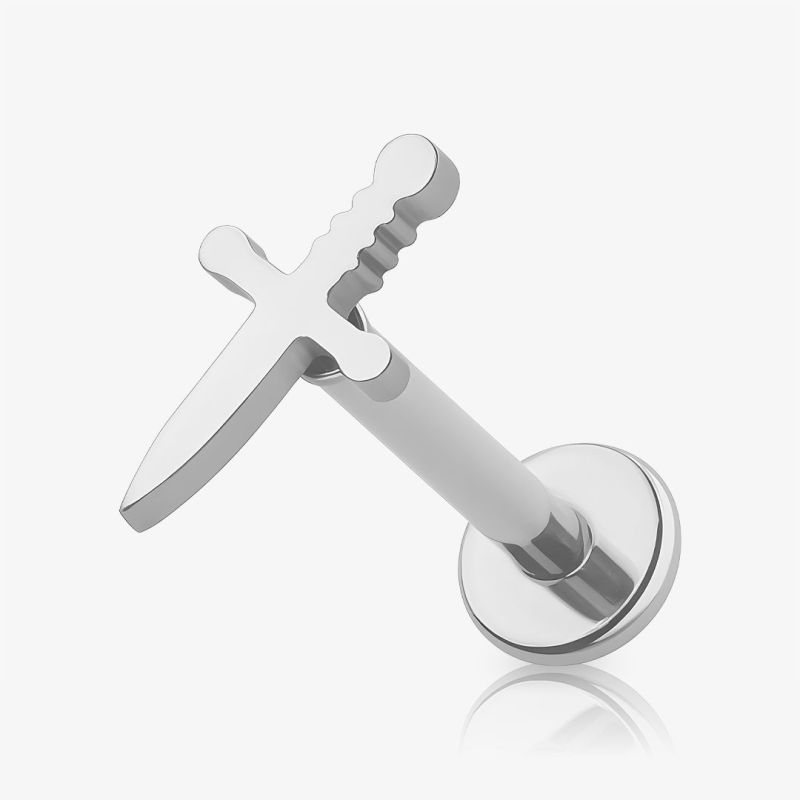 Piercing Cartilagem Labret Punhal em aço cirúrgico prateado com design de punhal