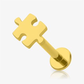 Piercing labret puzzle dourado com peça de encaixe em aço cirúrgico