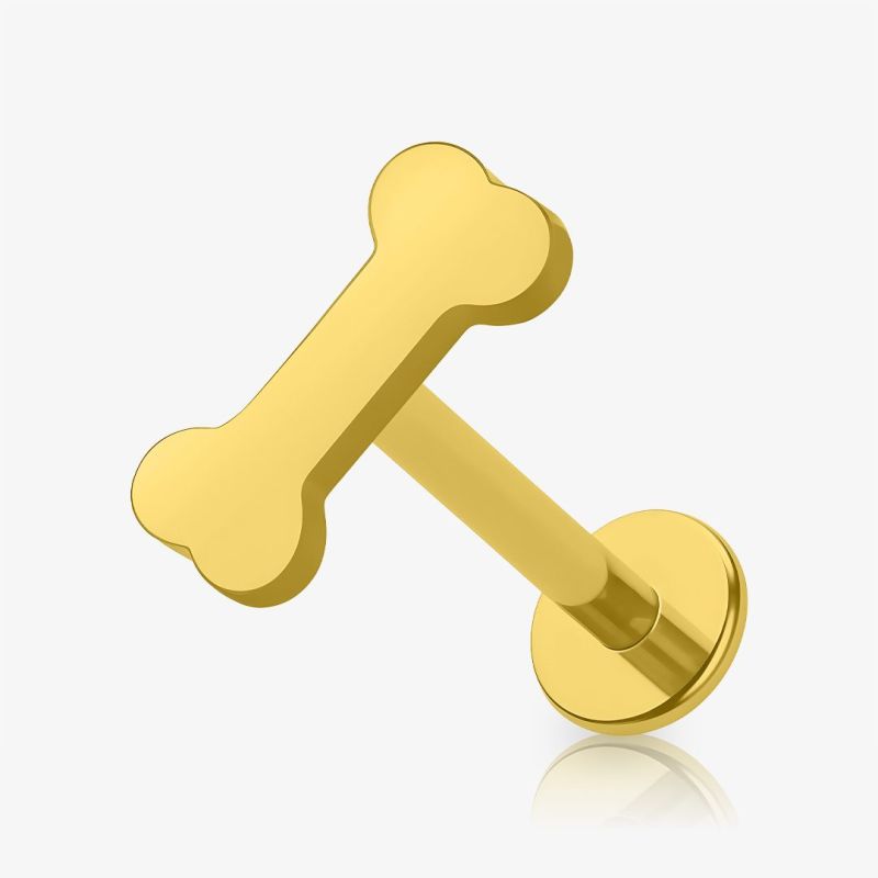 Piercing labret osso dog dourado em aço cirúrgico com design pet