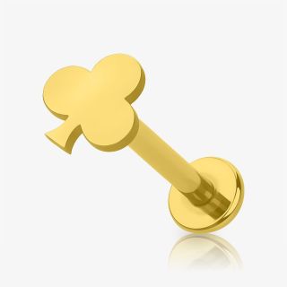 Piercing labret naipe paus dourado em aço cirúrgico com design de carta de baralho