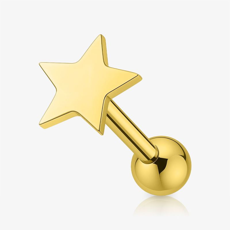 Piercing Barbell Estrela dourado em aço cirúrgico para tragus.