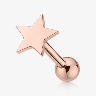 Piercing Barbell Estrela em aço cirúrgico rosê com design delicado para orelha.
