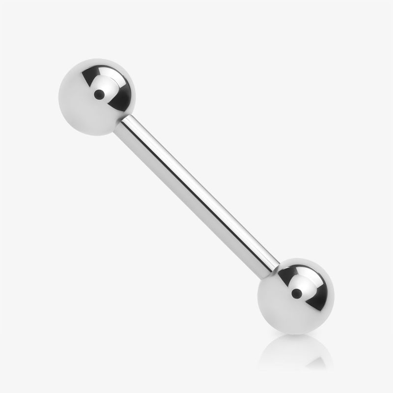 Piercing língua prateado com bolinha em aço cirúrgico brilhante