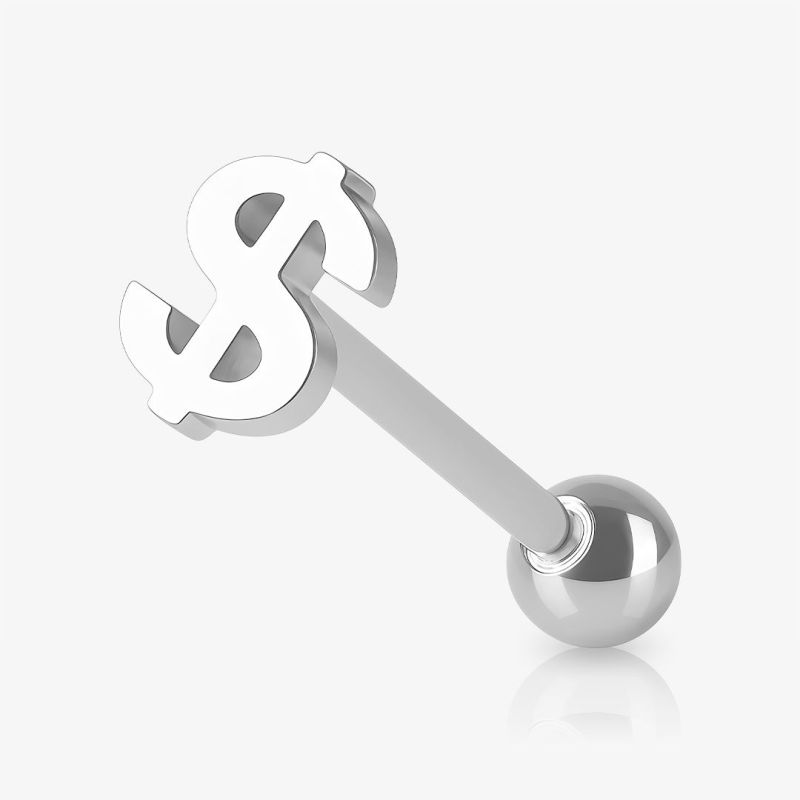 Piercing língua cifrão de aço cirúrgico com design de símbolo de dinheiro