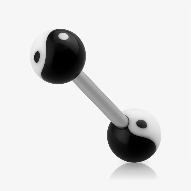 Piercing língua yin yang preto e branco em aço cirúrgico com símbolo central