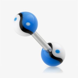 Piercing língua yin yang azul e branco com base em aço cirúrgico