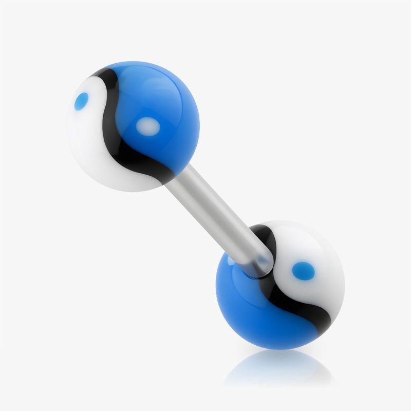 Piercing língua yin yang azul e branco com base em aço cirúrgico