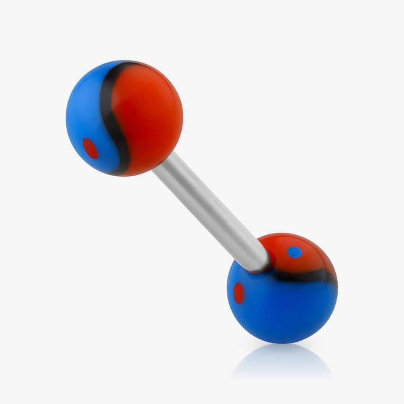 Piercing língua yin yang vermelho e azul com símbolo de equilíbrio