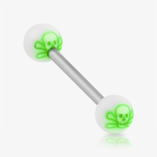 Piercing língua caveira verde com ossos cruzados em aço cirúrgico