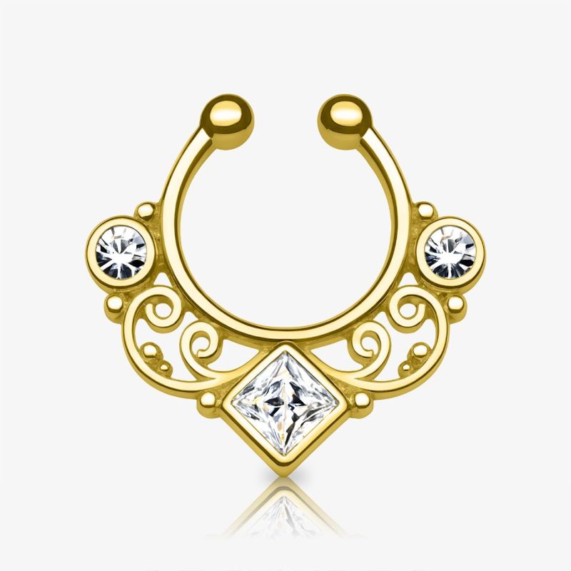 Piercing septo falso dourado com detalhe em strass facetado