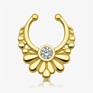 Piercing septo flor dourado com cristal delicado, modelo falso