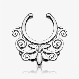 Piercing septo falso indiano com flor e strass prateado, modelo delicado e elegante