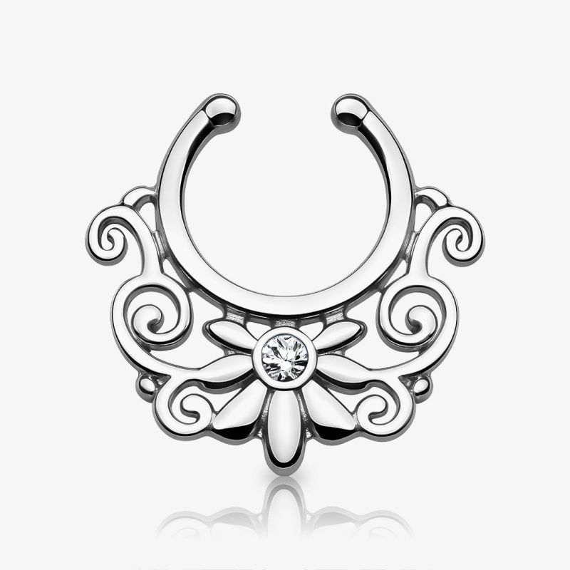 Piercing septo falso indiano com flor e strass prateado, modelo delicado e elegante