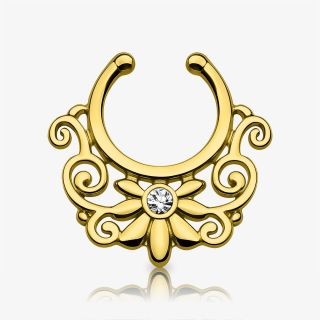 Piercing Septo Falso Indiano dourado com flor e strass detalhado