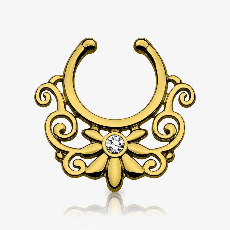 Piercing septo indiano com flor e strass envelhecido em aço