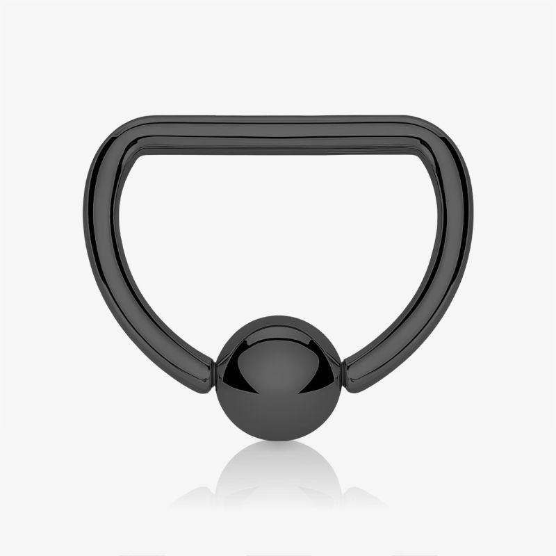 Piercing captive preto de aço cirúrgico em formato D com acabamento brilhante