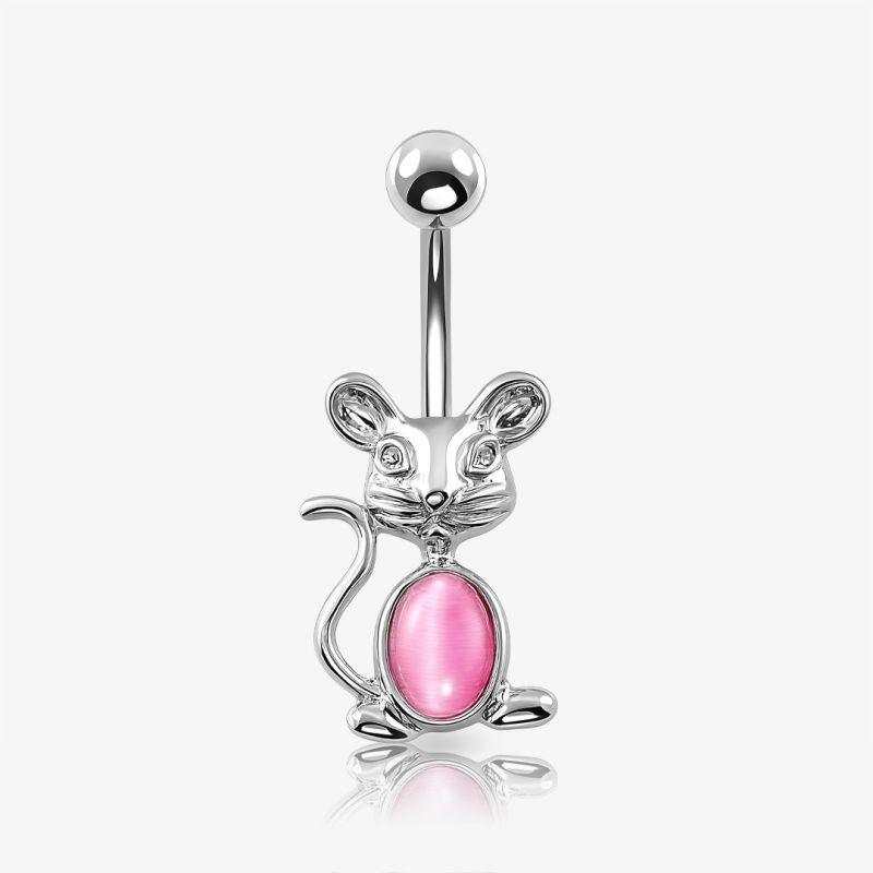 Piercing Umbigo Ratinho com pingente de coelhinho e strass rosa em aço cirúrgico