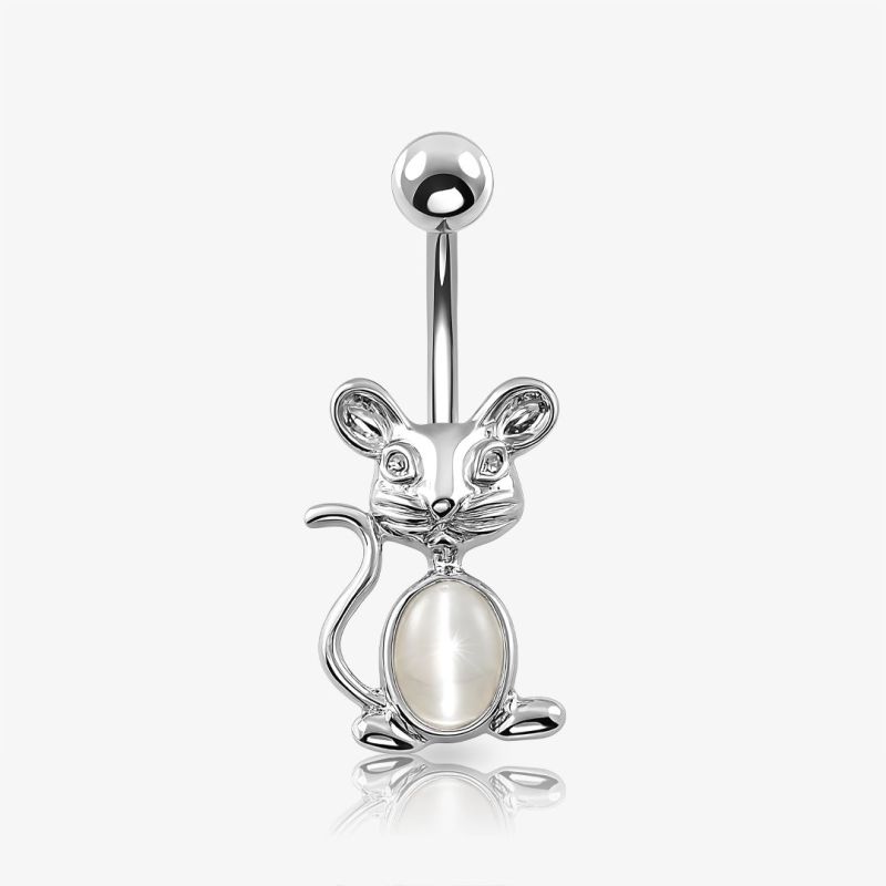 Piercing Umbigo Ratinho com pingente de coelhinho e strass rosa em aço cirúrgico