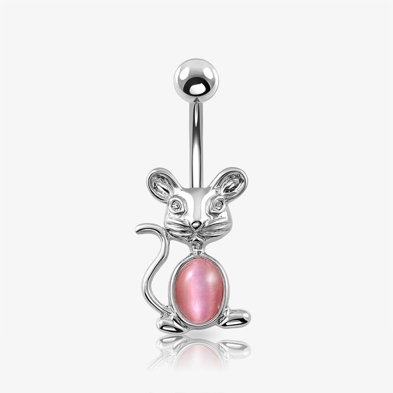 Piercing Umbigo Ratinho com pingente de coelhinho e strass rosa em aço cirúrgico