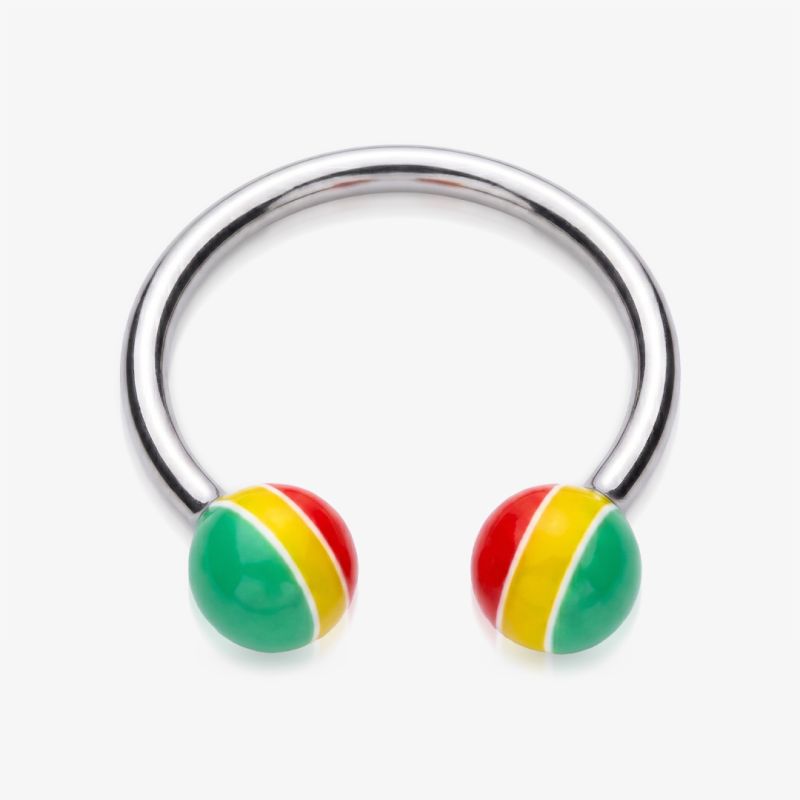 Piercing ferradura prateado com bolinhas coloridas no estilo reggae