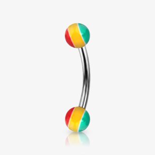 Piercing curvo de aço cirúrgico com bolinhas coloridas estilo reggae para sobrancelha.