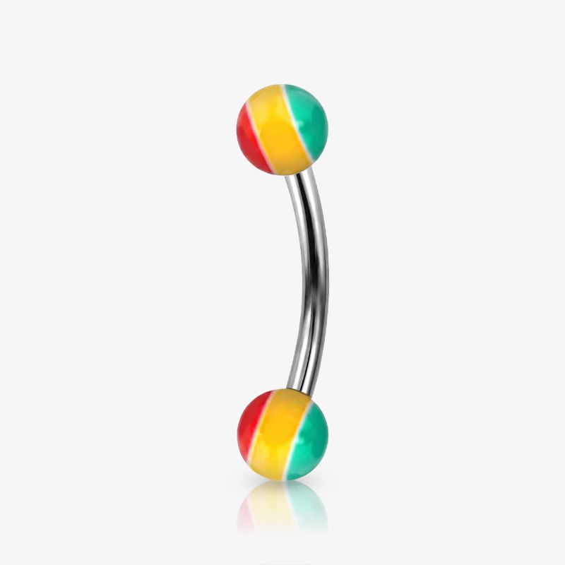 Piercing curvo de aço cirúrgico com bolinhas coloridas estilo reggae para sobrancelha.