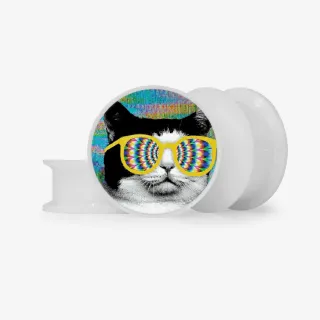 Plug Gato Louco Base com estampa colorida inspirada em gato surreal.