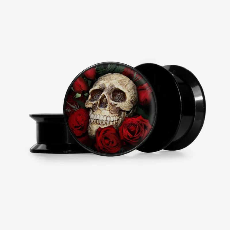 Plug Caveira Floral II com caveira estilizada em fundo floral e base personalizável