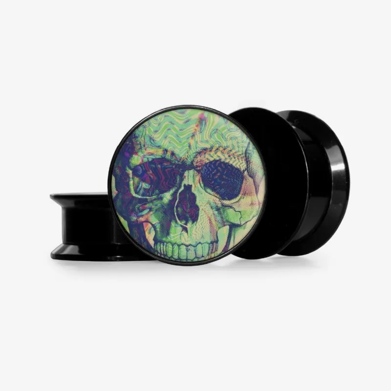 Plug Caveira Psicodélica Base com arte colorida vibrante em fundo escuro