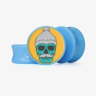 Plug Caveira Idosa Base com arte azul estilizada em acrílico