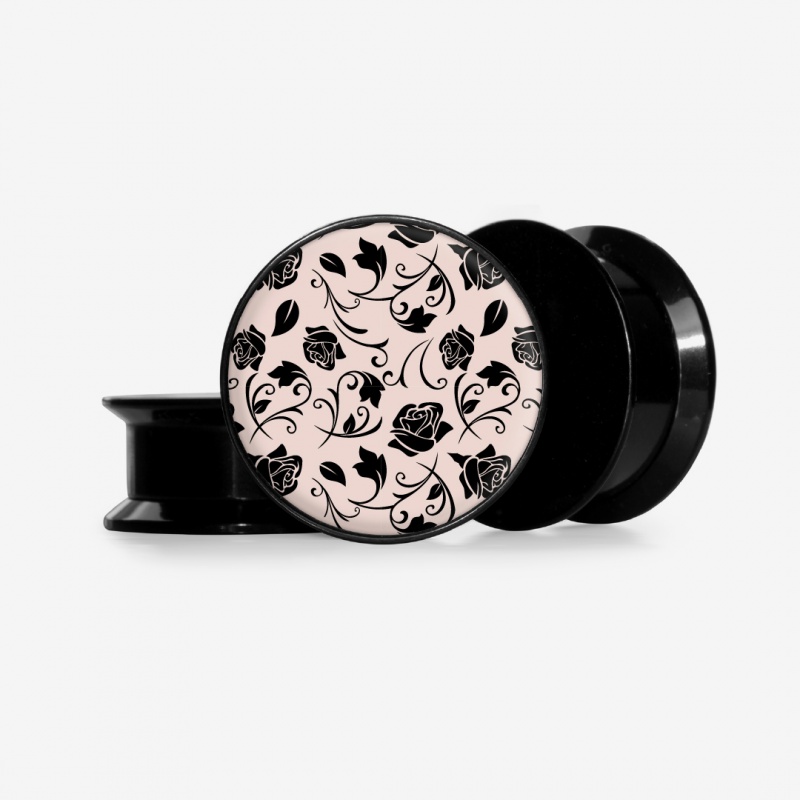 Plug Rosa Negra com desenho floral em fundo escuro, alargador temático disponível em várias bases