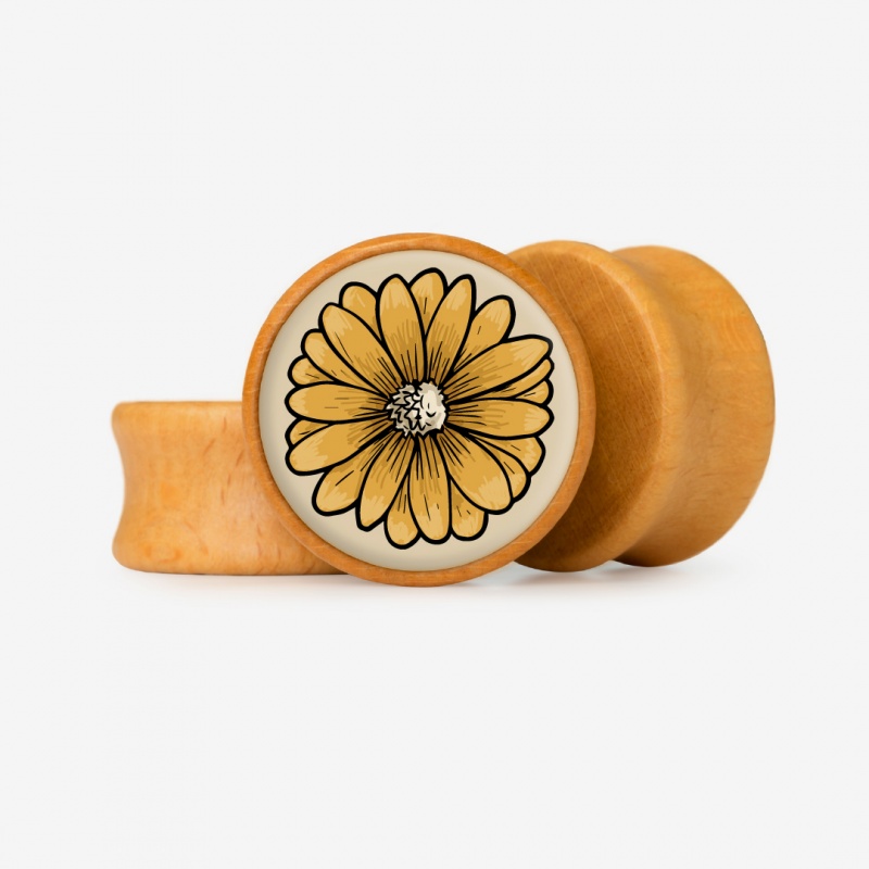 Plug Flor Bege Vintage com estampa floral retrô em tom bege, base em madeira.