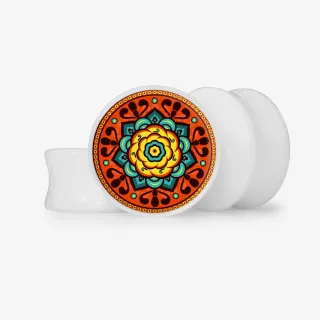 Plug Mandala Base Selecionável exibido com estampa mandala colorida e base selecionável