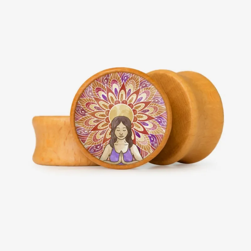 Plug Meditação Base Selecionável em madeira com símbolo espiritual – estilo místico zen