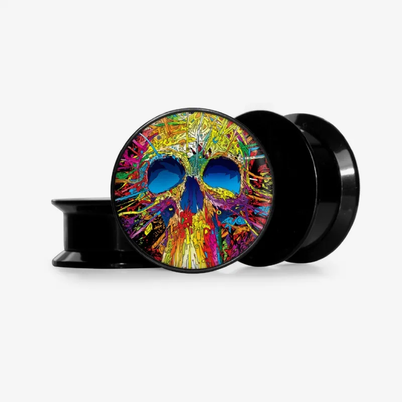 Plug Caveira Psicodélica com estampa colorida, ideal para quem curte estilo alternativo.