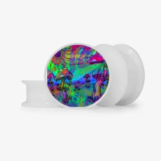 Plug Vale dos Cogumelos com estampa psicodélica e fundo colorido